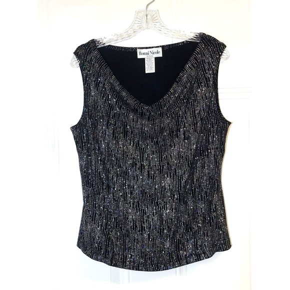 Y2K 90s Top Size L Ronni Nicole Slinky Sparkly Stretch Knit Drape Cowl Neck Tank - Picture 1 of 10